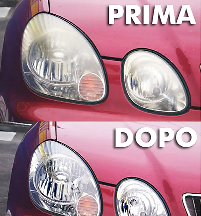 Faro di un’auto prima e dopo la rigenerazione: da opaco e giallo a trasparente